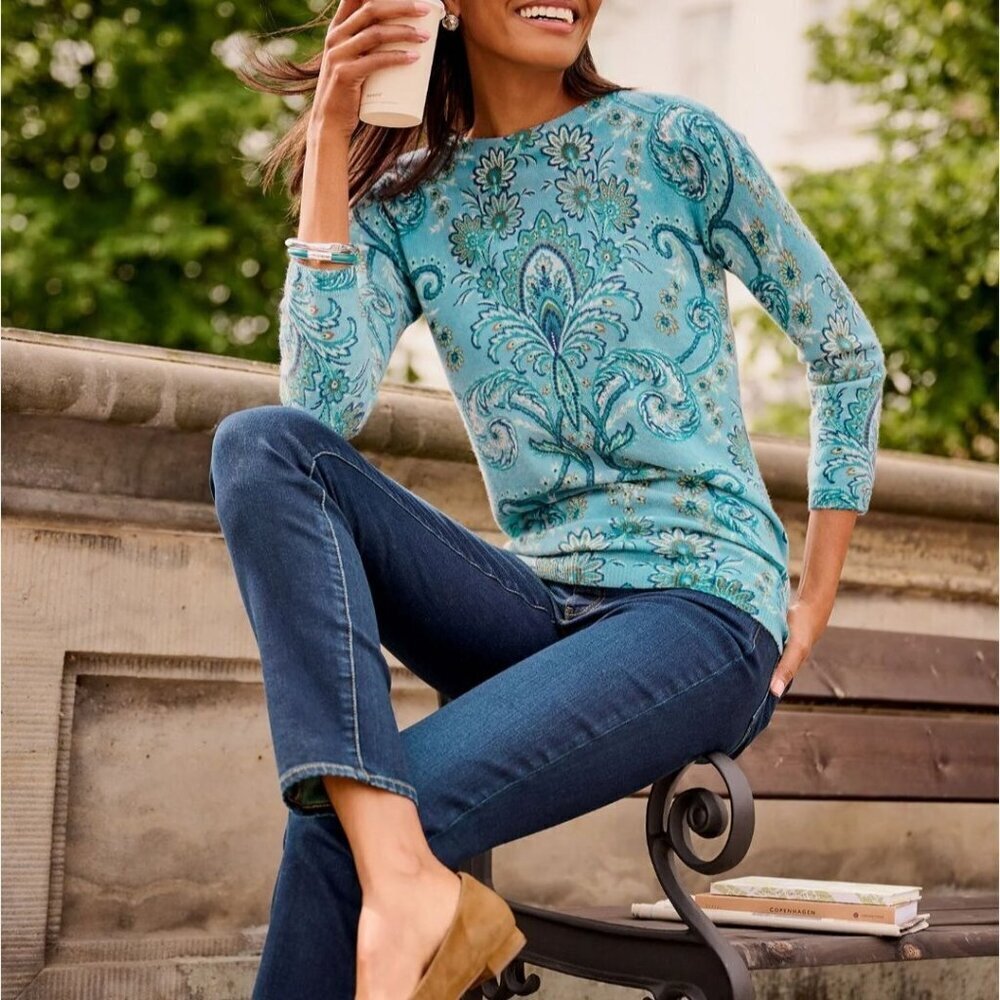 Talbots Audrey Cashmere Paisley Medallion Crewneck Sweater Green Lavender Size S - Picture 4 of 9